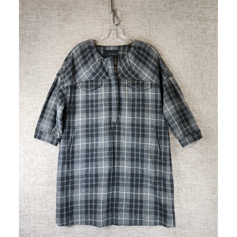 Kai-aakmann Wool Blend 1/4 Button Shift Dress Women M Gray Plaid Lined Retro EUC